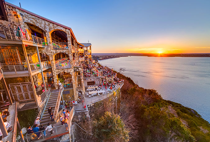 Oasis Restaurant on Lake Travis at sunset