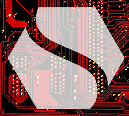 Strauss Center logo on red circuit board background